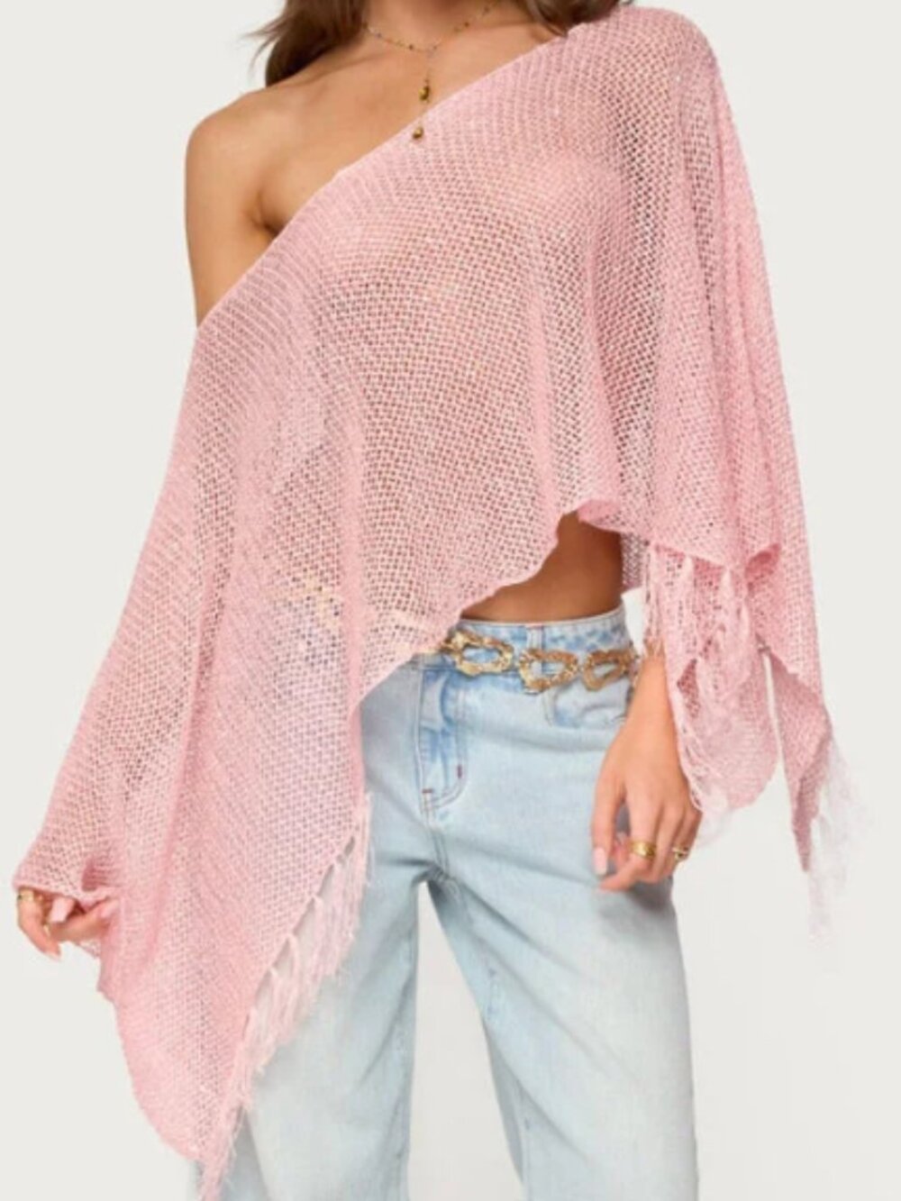 Edikted Sequin Fringe Knit Poncho Pink Flowy Flattering Size XS/Small NWOT